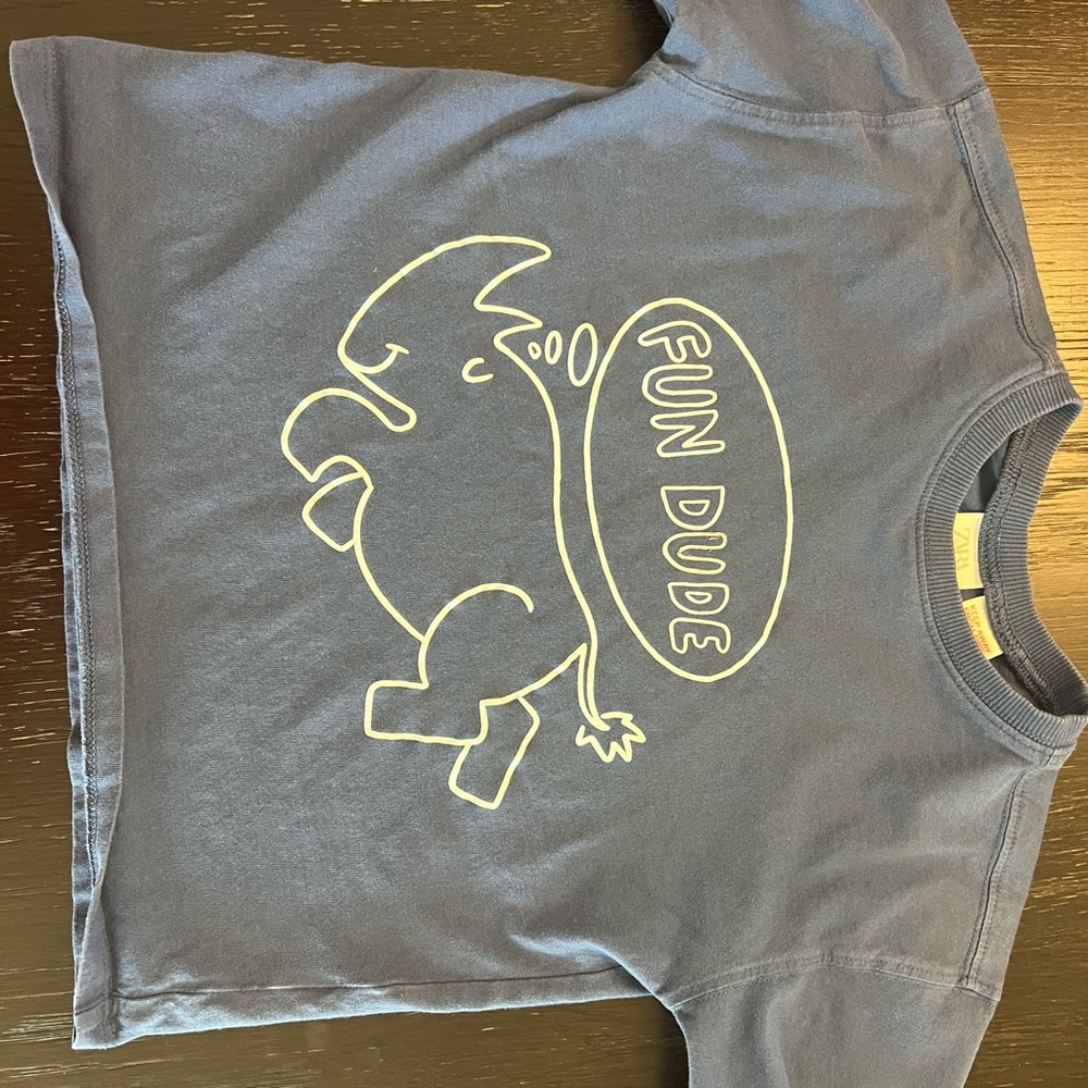 Zara Blue Short Sleeve Tee with Minimalist Cartoon Design